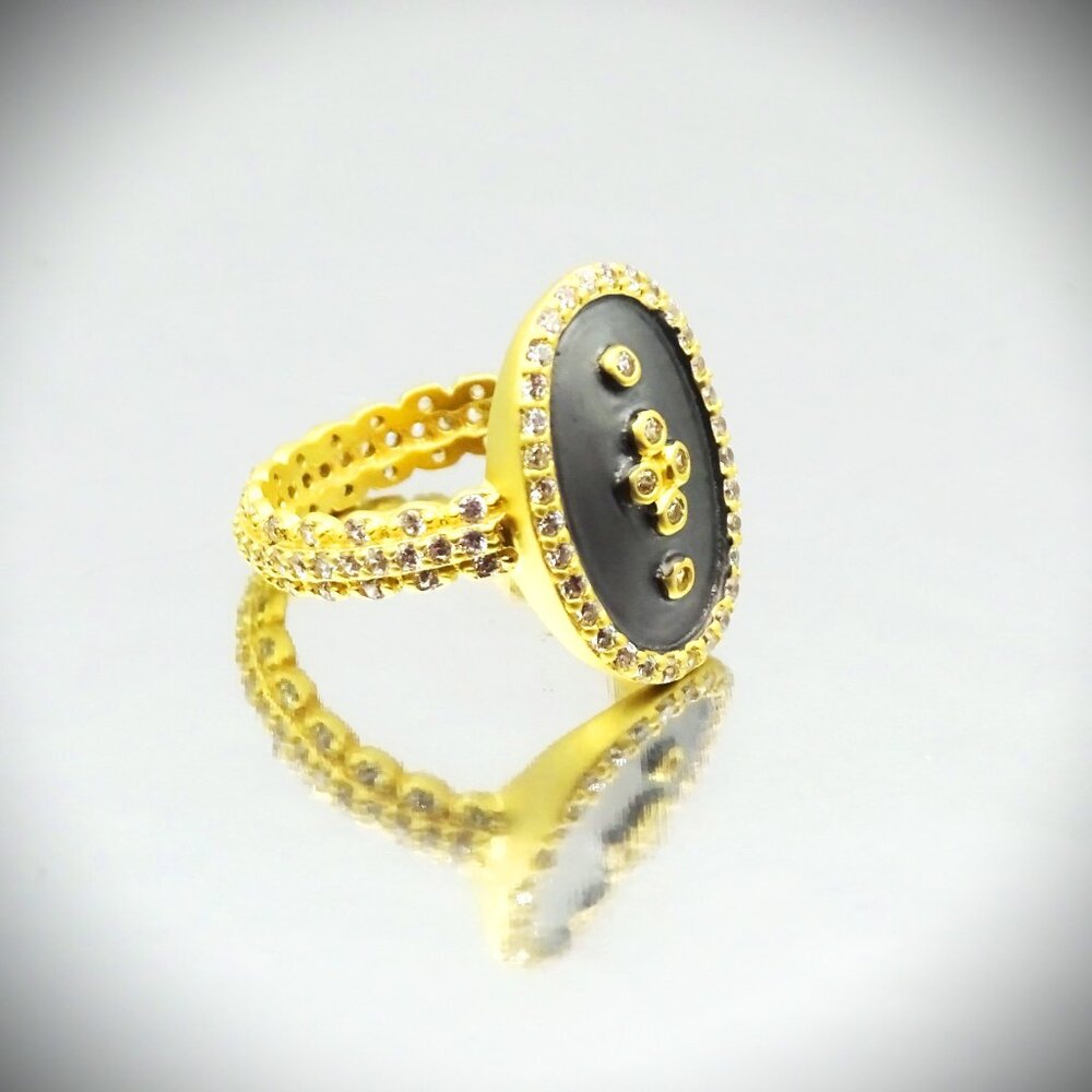 FREIDA ROTHMAN Sterling Silver Black Rhodium CZ Clover Shield Cocktail Ring Sz 8 - Picture 2 of 9